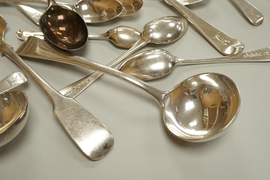 A small quantity of assorted 19th century silver flatware, various patterns, dates and makers, including a set of nine Old English pattern teaspoons, William Chawner II, London, 1833, an Old English pattern basting spoon